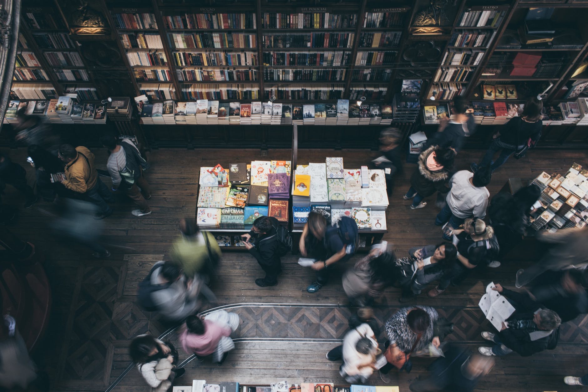 crowd of people in bookstore