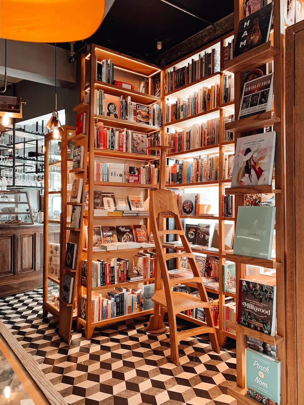 classic wooden shelves with assorted books in store