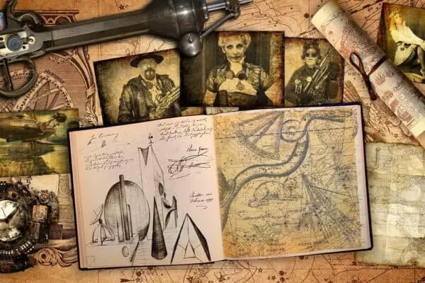 steampunk desk maps book scroll 4707516